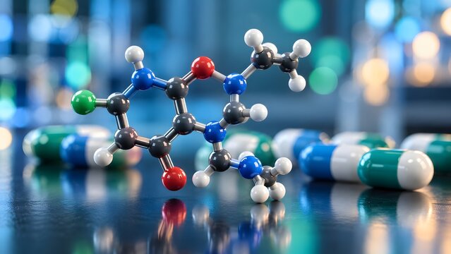 Advanced 3D rendering of a vibrant molecular structure, representing scientific research, medicine, and pharmaceutical drug development with blurred pills.