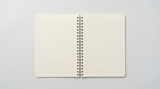 Open blank notebook with lined pages and spiral binding on a neutral background for writing, journaling, planning, or note-taking with space for ideas and reflections