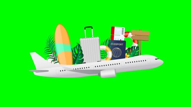 Travel and vacation animation with airplane, luggage, surfboard, and passport on green screen   