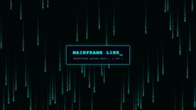 Teal digital rain code sequence with mainframe link decrypting keys interface animation