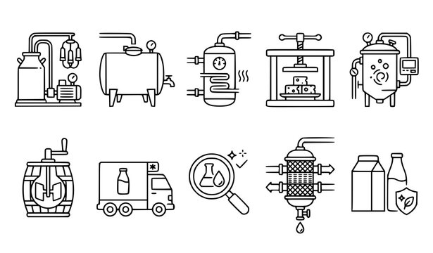 Black Outline Dairy Production Icons Set Milk Tank Pasteurizer Cheese Press Barrel Delivery Truck
