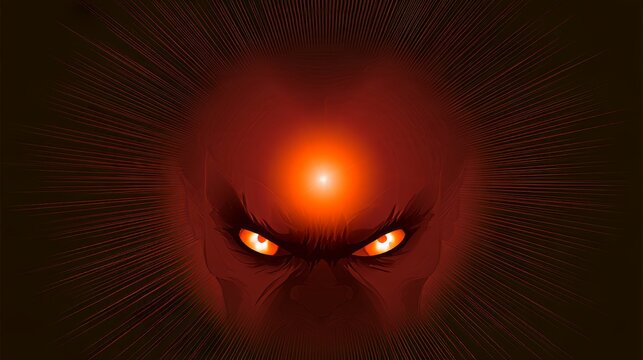 Devil face with glowing light effects in vector style, featuring a dark demonic expression, sharp horns, intense eyes dramatic energy, representing evil, fantasy, horror, mystery supernatural power