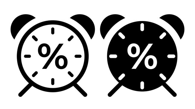 Two alarm clock icons with percentage symbols on their faces, one in black and white, the other inverted isolated on white background