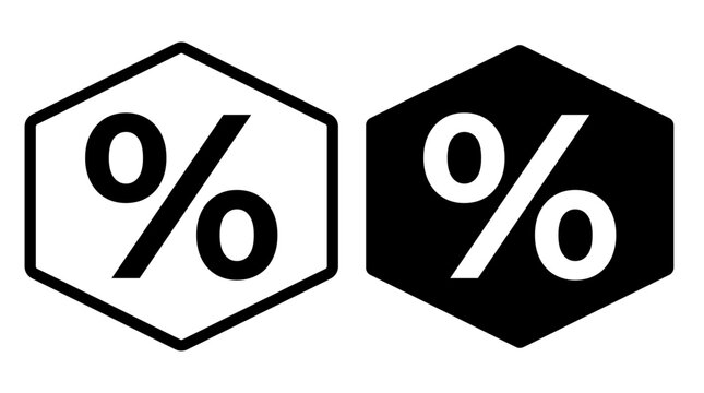 Two Hexagonal Icons Featuring Percentage Symbols One White on Black Background and One Black on White Background