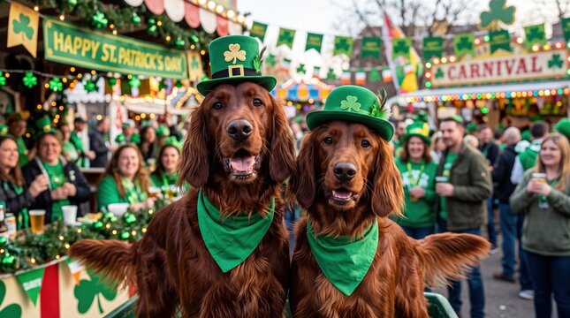 Two Irish setter dogs wearing green leprechaun hats at St. Patrick's Day carnival