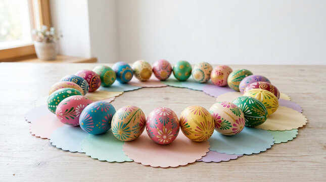 Colorful handcrafted Easter eggs with intricate patterns are arranged in a circular shape on a wooden table for holiday celebration