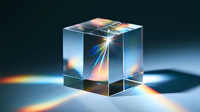 Transparent optical glass bending white light into delicate spectral bands, precise refractions, clean background and studio illumination