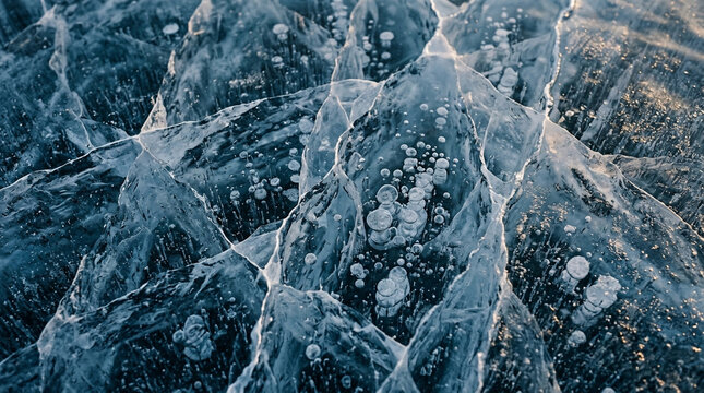 Close up view of intricate cracked ice surface with trapped air bubbles showing cold winter texture