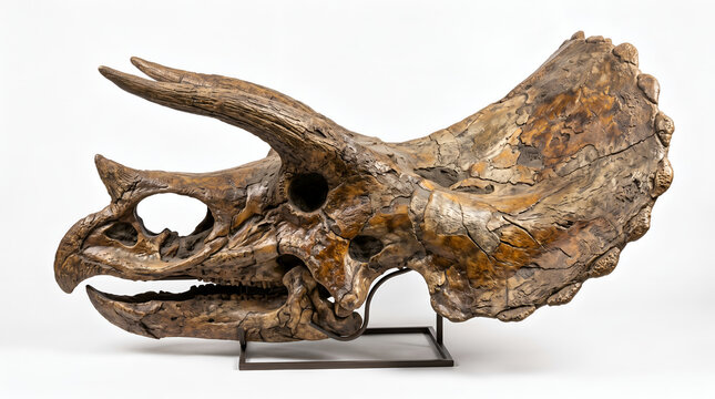 Triceratops Dinosaur Skull Fossil with Three Horns and Large Frill on Metal Stand - Paleontology Museum Display