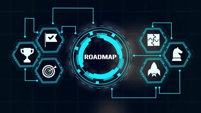 Strategic Business Roadmap Concept Displayed on High Tech Futuristic Digital HUD Interface Screen