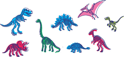Collection of colorful cartoon dinosaurs and prehistoric creatures in various poses. © Riki