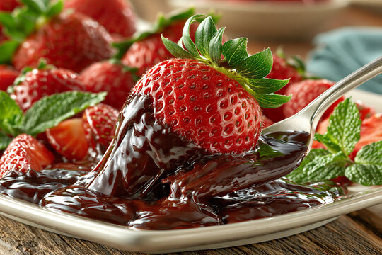 Fresh strawberry dipped in melted dark chocolate with mint leaves