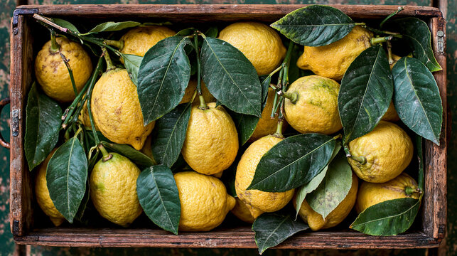 Fresh yellow lemons with green leaves in a wooden crate fruit nutrition