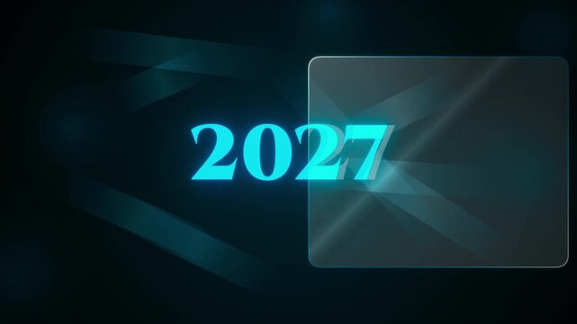New Year 2027 greeting animation with neon light, abstract background, futuristic copy space, cyan typography, moving beams, and sleek digital motion for countdown, celebration, and holiday visual.