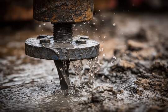 A muddy, rusty drill rig component churns through wet ground with water splashing. This symbolizes hard work, industrial processes, and exploration for resources.