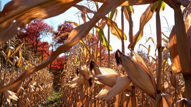 Broad curling maize leaves sweep across the frame above rows of ripe ears in dry husks, guiding the view toward vivid crimson fall trees as low sun turns a narrow cornfield passage warm and golden