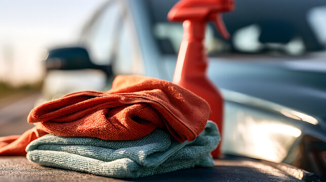Microfiber cloth and spray bottle beside a car for vehicle detailing
