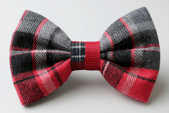 Red and black plaid fabric bow tie on light gray surface with checkered