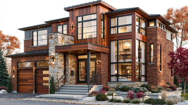 Modern luxury house exterior with stone and wood accents in autumn