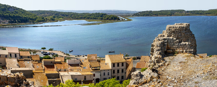 Panoramic view of the Gruissan Lagoon (Aude, France) seen from the Tour Barberousse on a sunny day in summer 