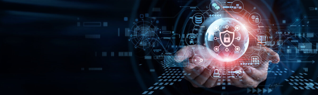 Cyber specialist. Human hands holding Network Security glowing global globe blocking unauthorized external system intrusion. Security expert implementing strong encrypted data firewalls.