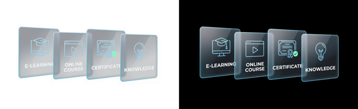 Futuristic holographic e-learning interface with glowing glass cards for online course, certificate and knowledge on transparent background