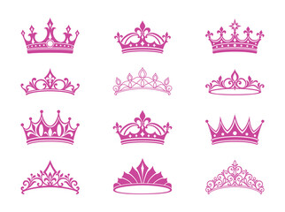 Pink Princess Crown and Tiara Vector Collection with Elegant Royal Headpieces, Floral Ornaments, Fleur de Lis and Decorative Silhouettes © PNG