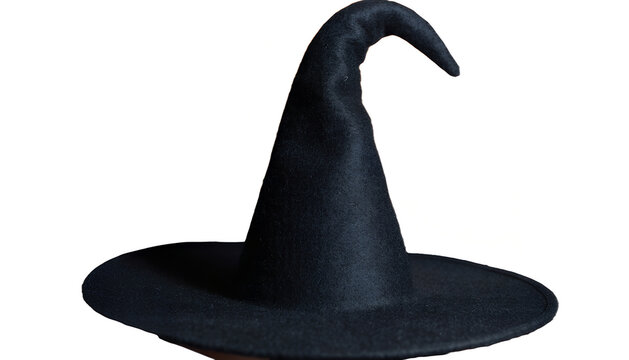 Black witch hat with curved tip made from felt fabric for halloween costume parties and magic theme.
