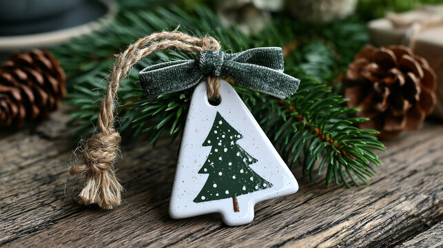 Ceramic christmas tree ornament hanging on a pine branch with rustic rope