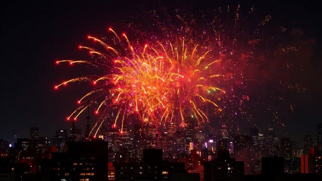 Colorful fireworks exploding over city skyline at night