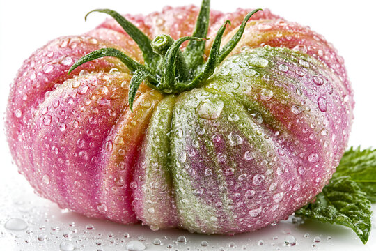 Heirloom tomato with water droplets resting on a white surface