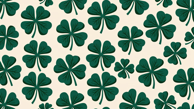 Green shamrock seamless pattern on cream background creates festive St. Patrick Day design with hand drawn clover leaves