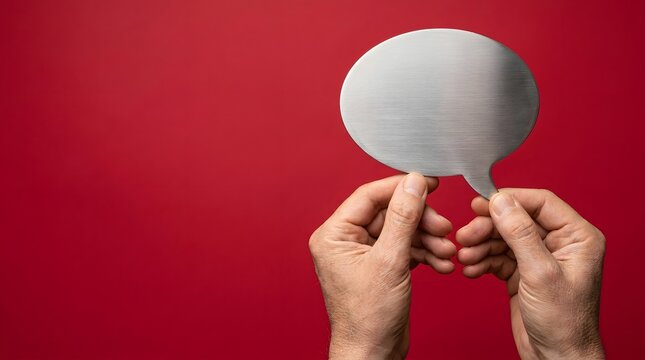 Hands holding a blank white oval shape obscuring a face against a red background