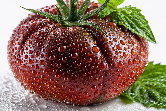Fresh dark tomato with green herbs covered in sparkling water droplets