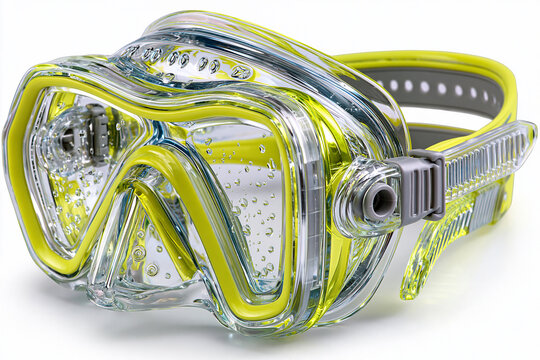 Yellow scuba diving mask isolated on white background with gear