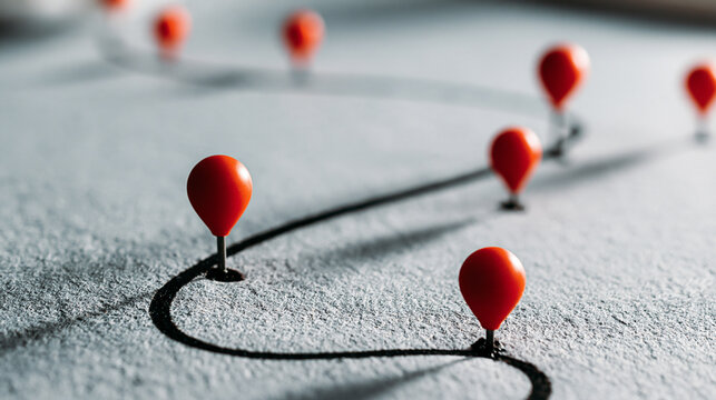 Red map pins connected by a black line on a textured gray background