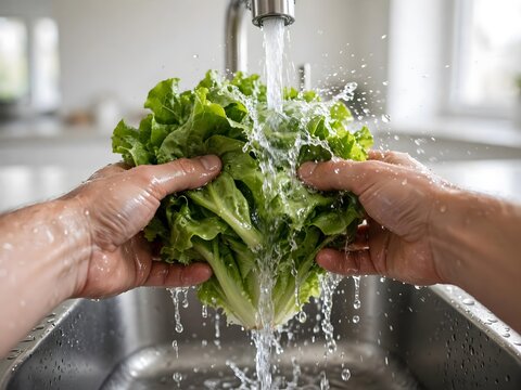 Close-up of hands thoroughly rinsing and cleaning a fresh head of vibrant green lettuce under a stream of cool running water in a modern kitchen sink, preparing for a healthy meal