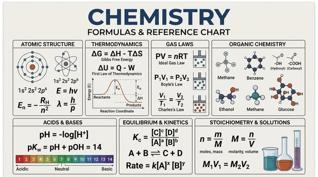 Educational chemistry reference chart with formulas