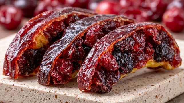 Roasted cherry slices arranged on a textured stone plate with cherries