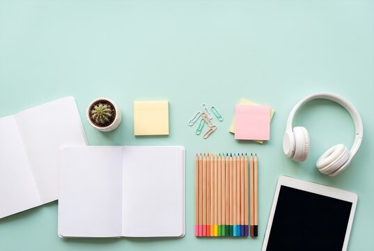 Study essentials with notebooks and pencils on a pastel green desk