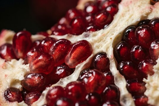 Macro of glistening ruby red pomegranate seeds