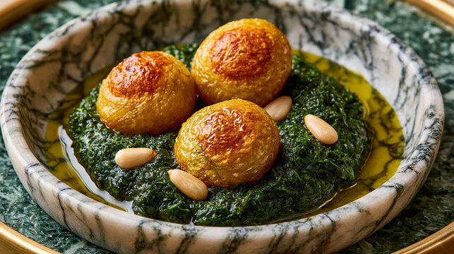 Golden fried meatballs served in a green marble bowl with pesto