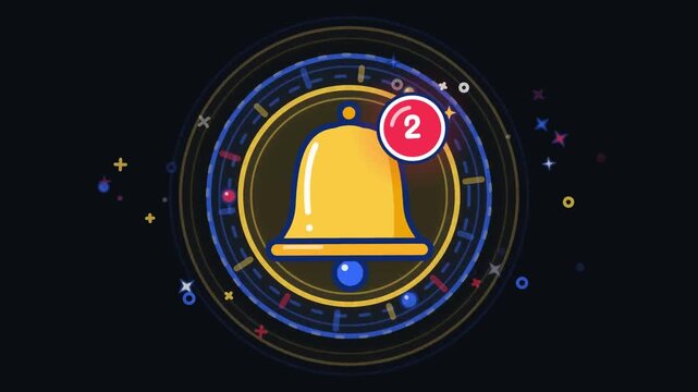 Animated notification bell with red badge and pulse rings, bold vector alert icon, transparent background, 4K loop