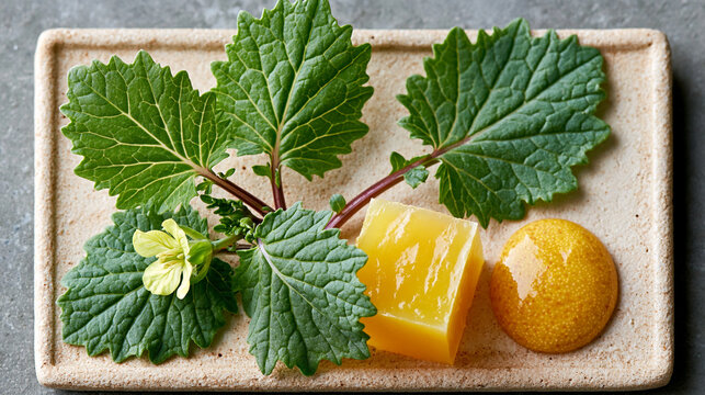Fresh nettle leaves with yellow herbal jelly on textured stoneware tray