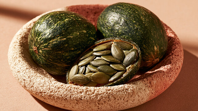 Whole green avocado and open fruit containing seeds inside rustic bowl