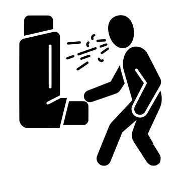 Asthma inhaler icon with coughing person silhouette, respiratory health medical vector, breathing difficulty and lung treatment symbol