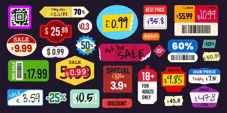 Paper price stickers, tags and sale labels with realistic texture and new or retro vintage shapes. Supermarket discount paper price stickers or store promo stamps for product price offer stickers