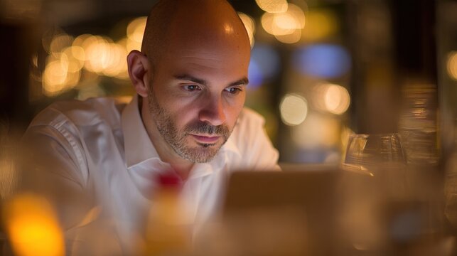 establishment. Small business owner focused on work at restaurant table with blurred background. pitch deck slides, case study pages, designed for brand storytelling and e-commerce strategy.