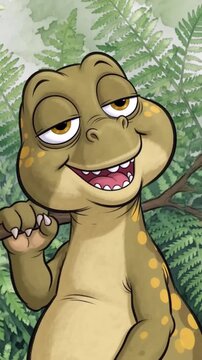 A watercolor cartoon in stop-motion style. A cute dinosaur scratches its back with a twig, pleased with the result.