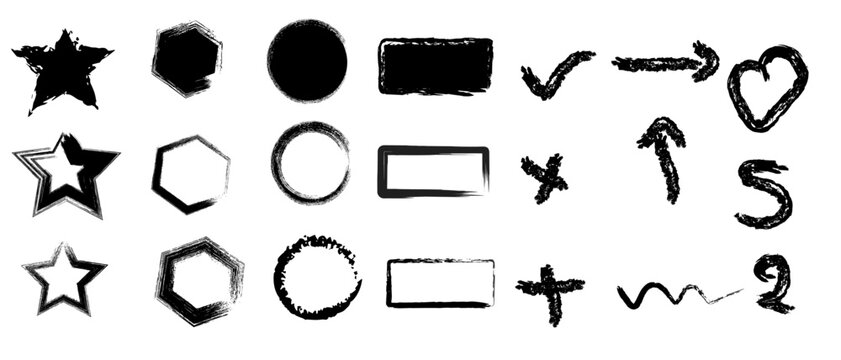 A diverse collection of grunge brush strokes shapes and symbols for artistic design elements
